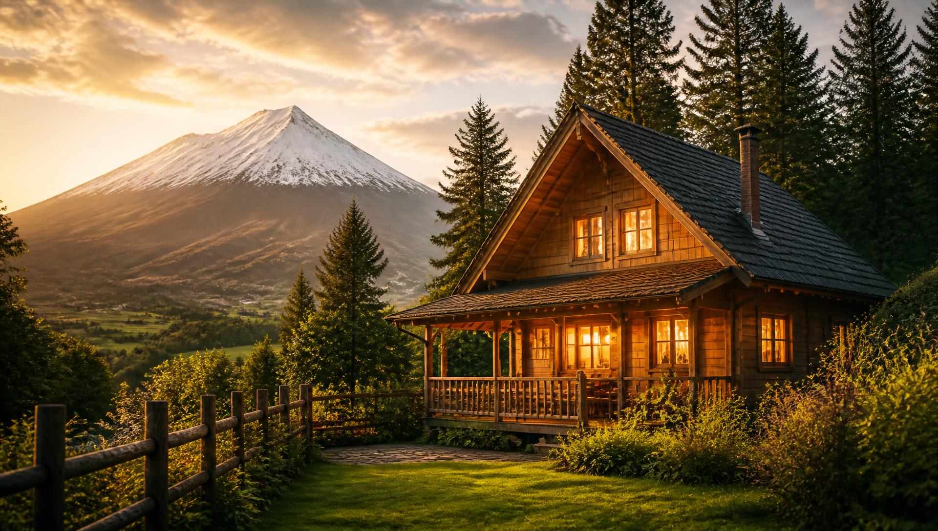 Cabaña de madera al atardecer frente a la cordillera en el Valle Las Trancas